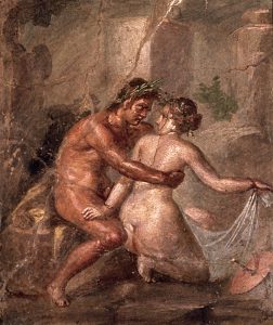 Fresque représentant un satyre et une nymphe Enduit peint Pompéi, maison des Épigrammes Museo Archeologico Nazionale di Napoli (MANN)